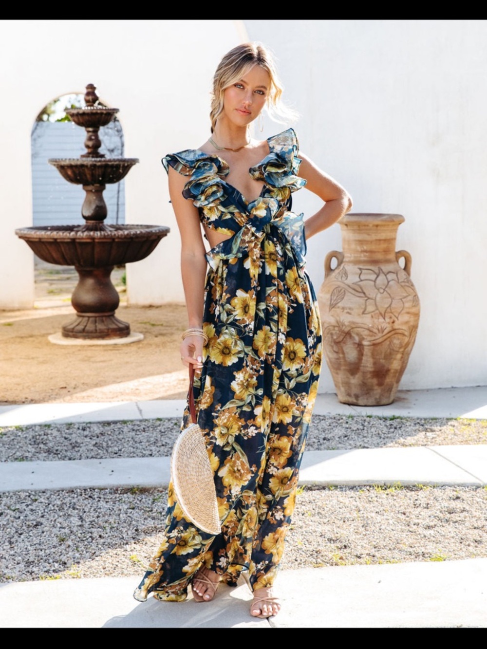 Navy Floral Ruffle Maxi Dress with Cutouts